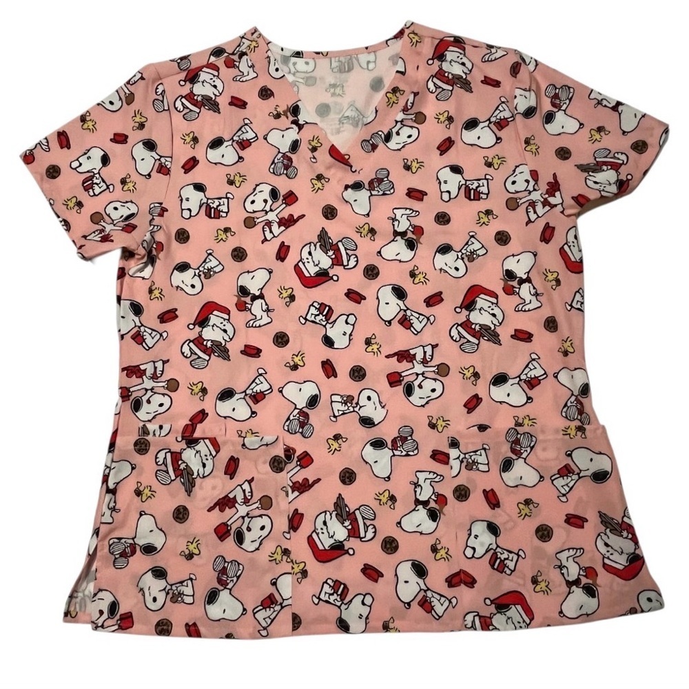 Peanuts Snoopy Christmas Scrub Top XL Pink Holiday NWT